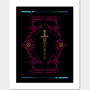 Polyhedral Dice Sword Synthwave Colors Neon Posters and Art